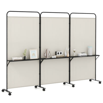 Separador de ambientes plegable de 3 paneles con 3 estantes de metal y ruedas con bloqueo - Marrón