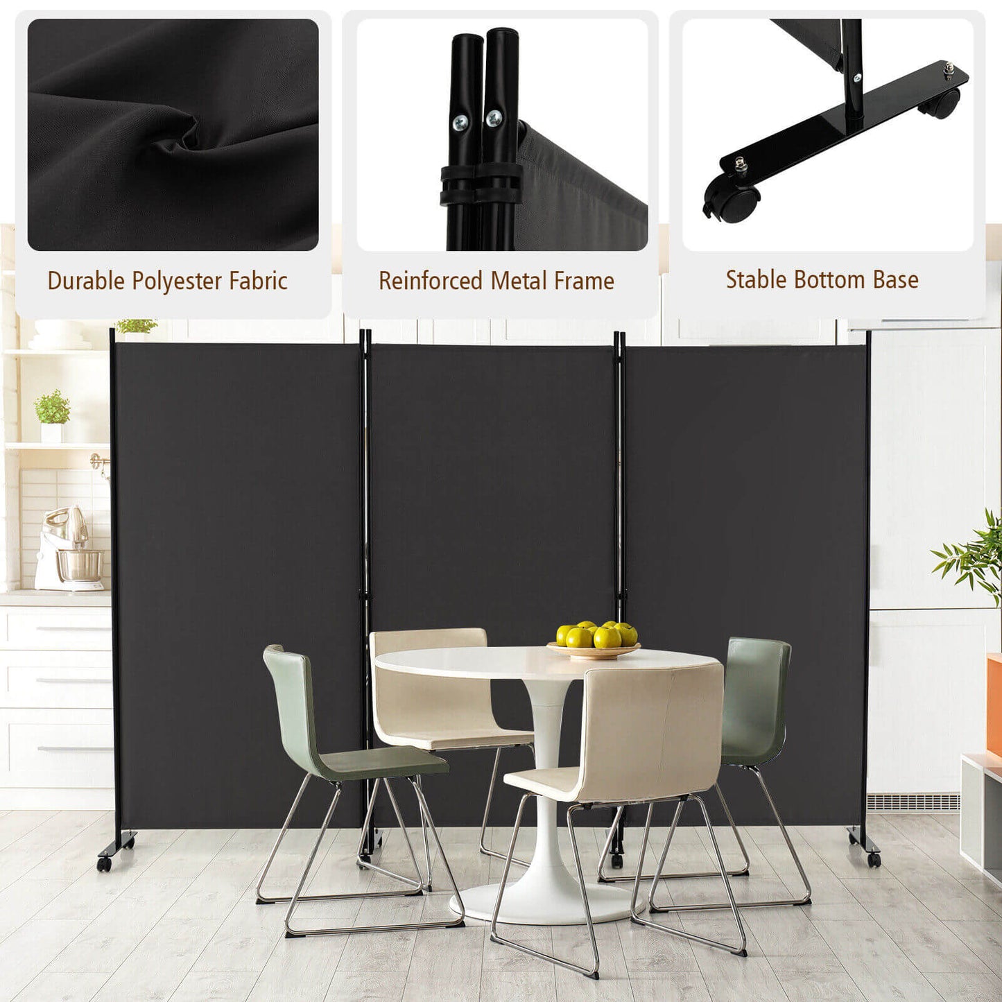 Divisor de ambientes plegable de 3 paneles con ruedas bloqueables - Gris