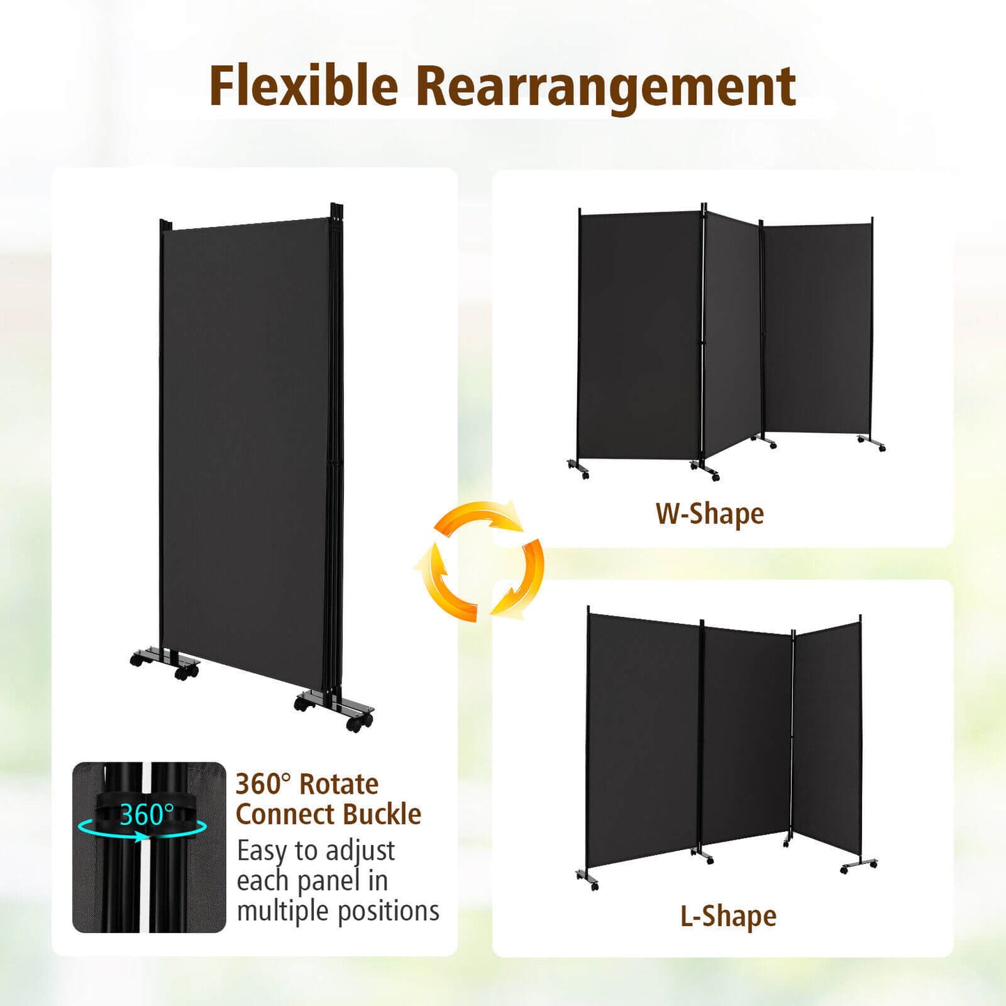 Divisor de ambientes plegable de 3 paneles con ruedas bloqueables - Gris