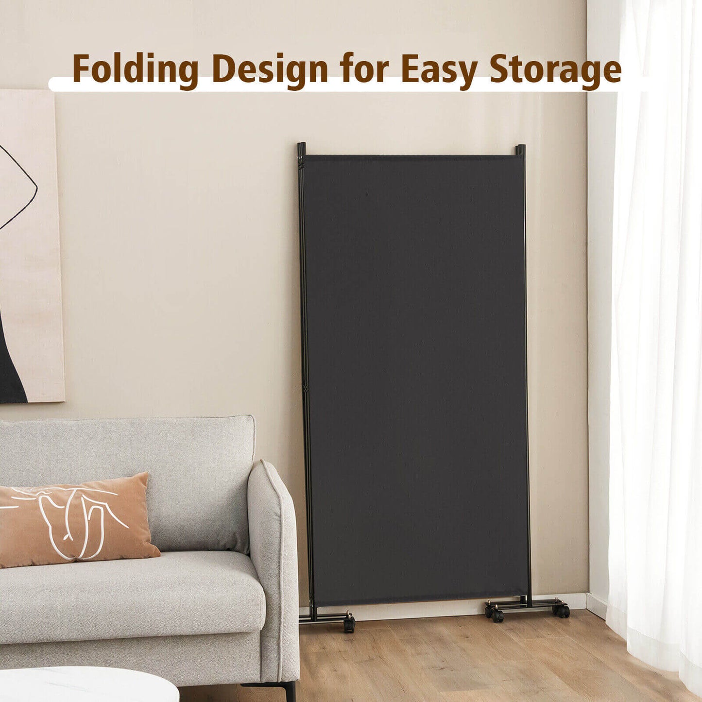 Divisor de ambientes plegable de 3 paneles con ruedas bloqueables - Gris