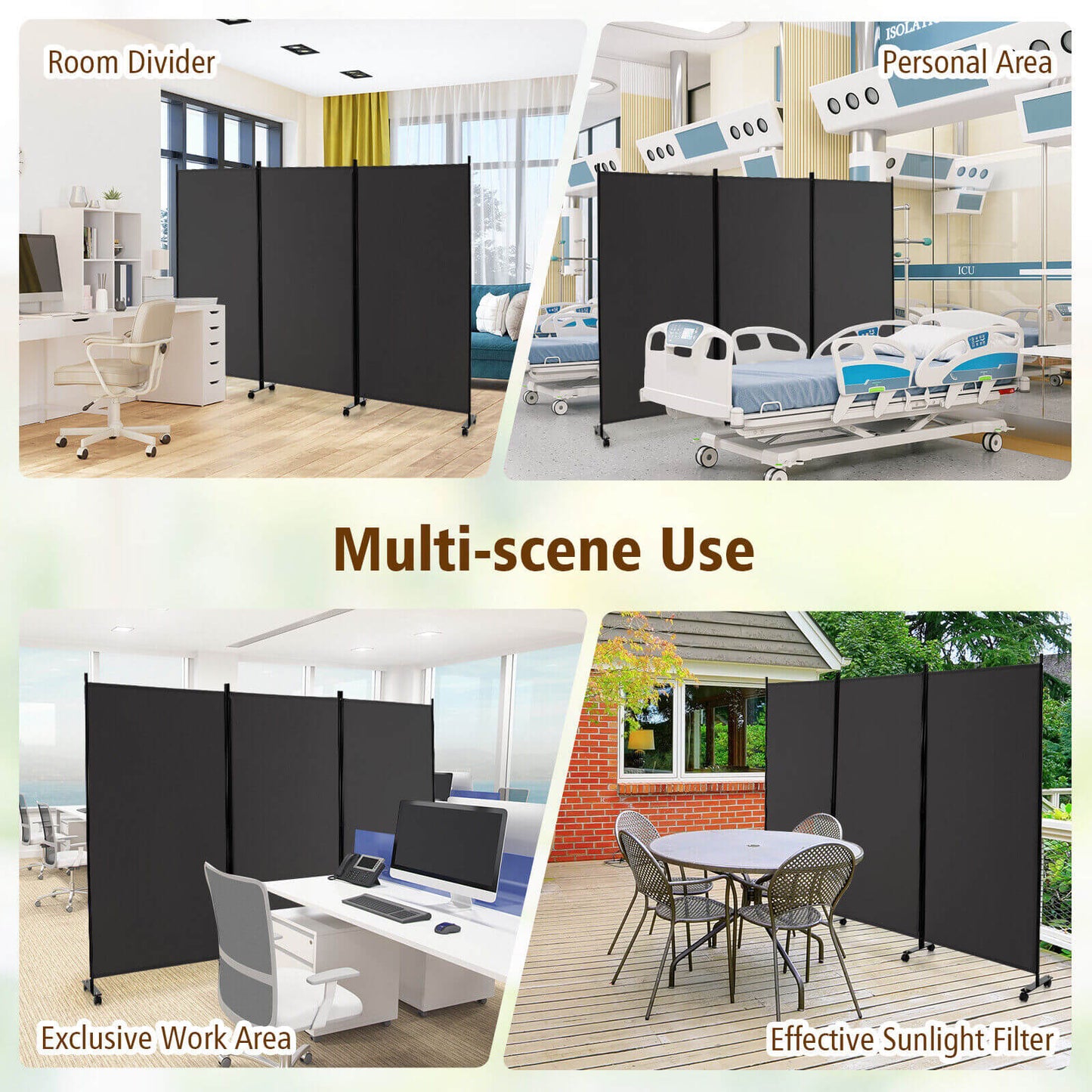Divisor de ambientes plegable de 3 paneles con ruedas bloqueables - Gris