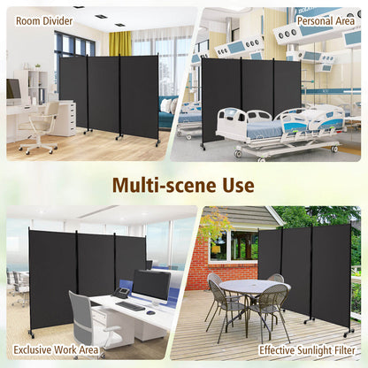 Divisor de ambientes plegable de 3 paneles con ruedas bloqueables - Gris
