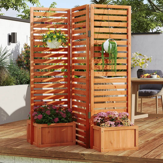 3-Panel Freestanding Garden Fence with 2 Planter Boxes, honey-toned wood and slatted panels on Tampa Home & Garden Store