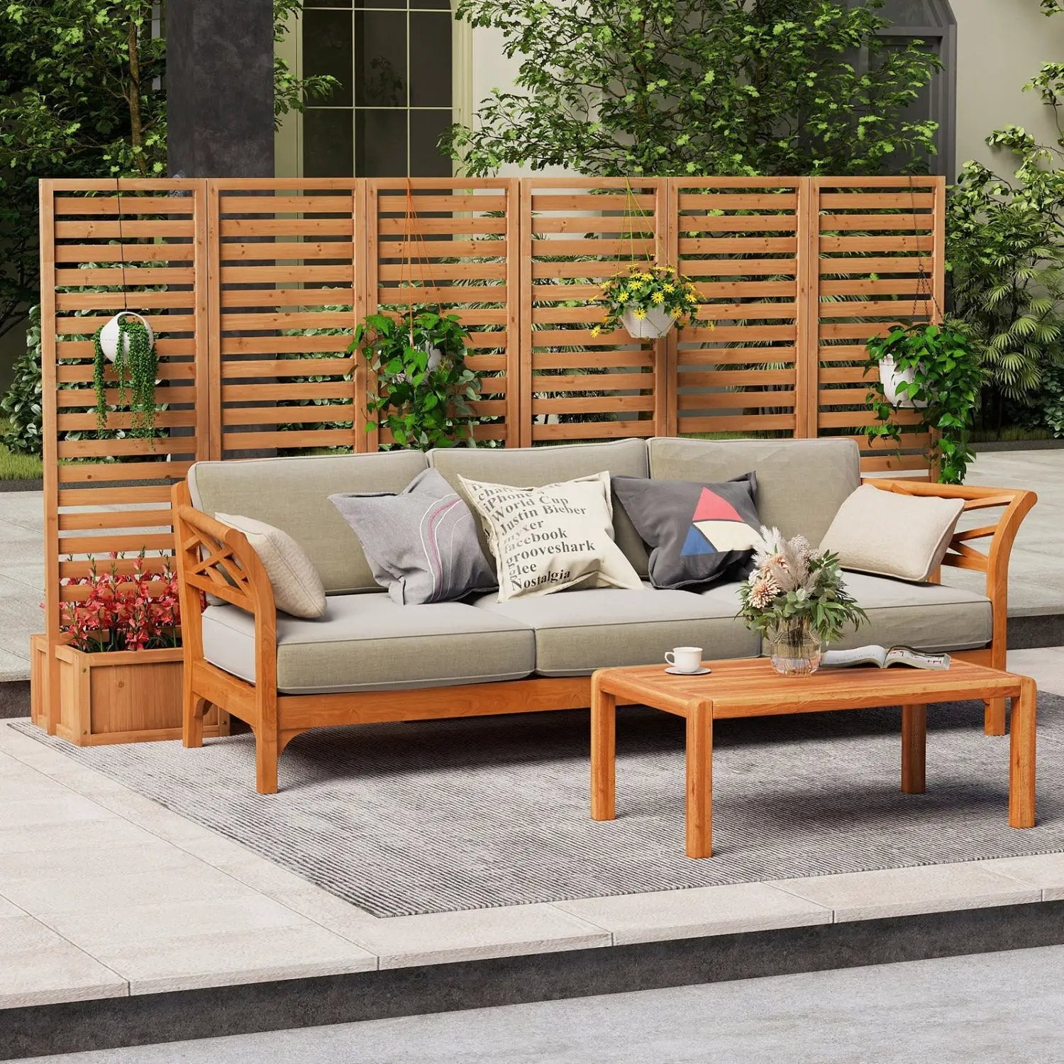 3-Panel Freestanding Garden Fence with 2 Planter Boxes in natural wood finish on Tampa Home & Garden Store