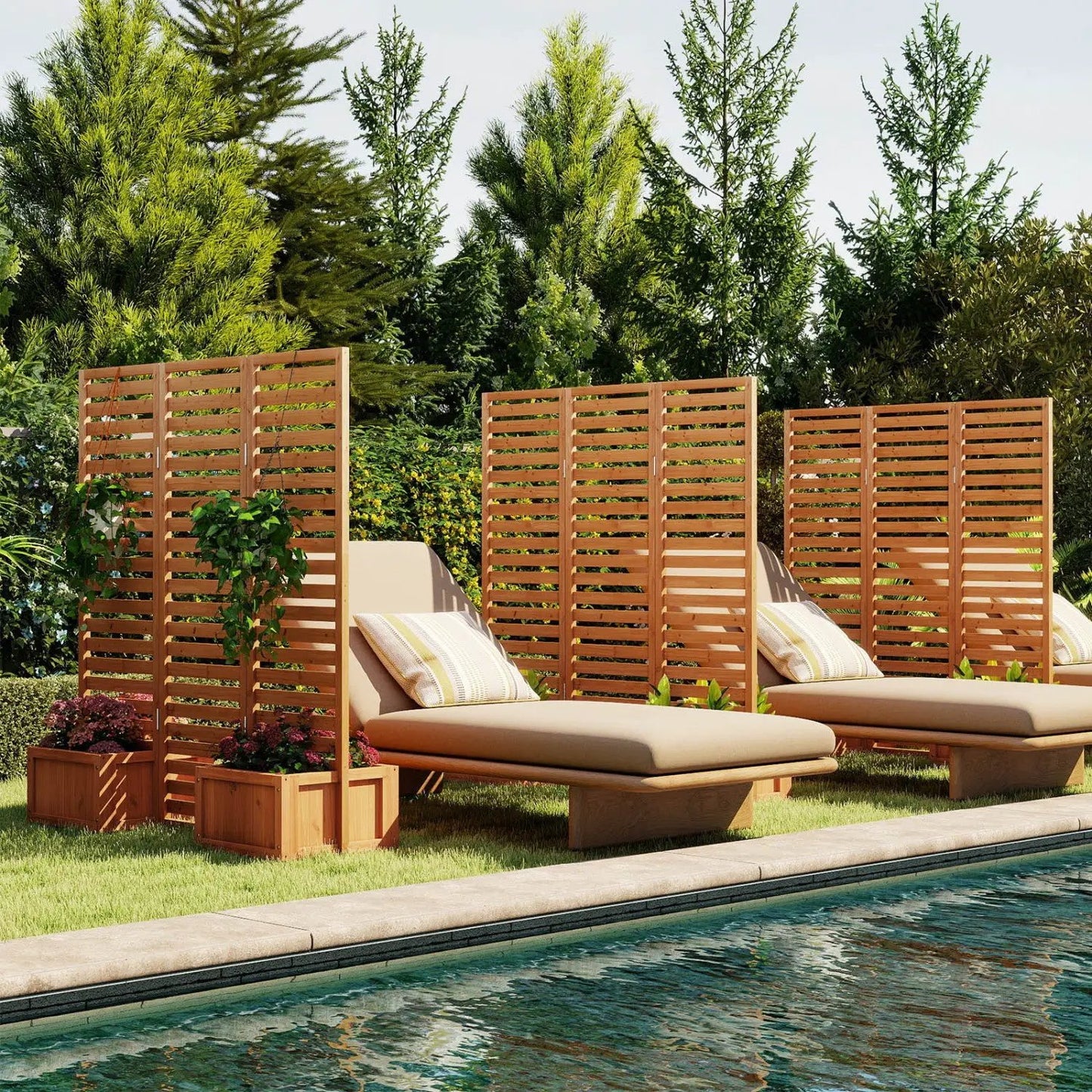 3-panel garden fence with 2 planter boxes in natural wood slats beside poolside loungers on Tampa Home & Garden Store