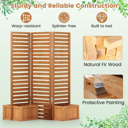 3-panel freestanding garden fence with 2 planter boxes in natural fir wood, slatted panels on Tampa Home & Garden Store