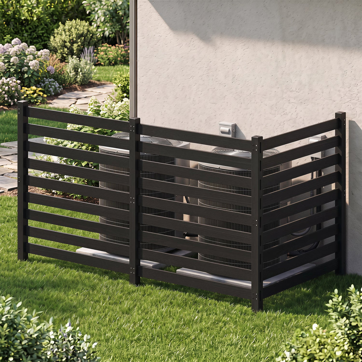 DirectDeals 3-panel wooden privacy fence with stakes, dark brown, 38.5x42 in near AC units on Tampa Home & Garden Store