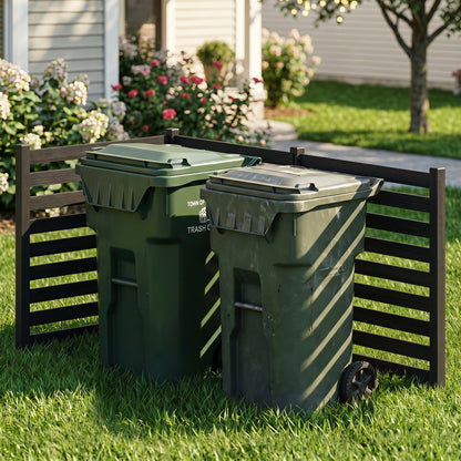 3-Panel wooden privacy fence with ground stakes, dark brown finish beside two green trash bins on Tampa Home & Garden Store