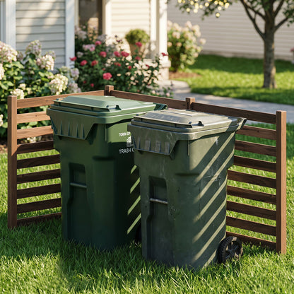 3-panel wooden privacy fence with ground stakes enclosing two green trash cans on Tampa Home & Garden Store