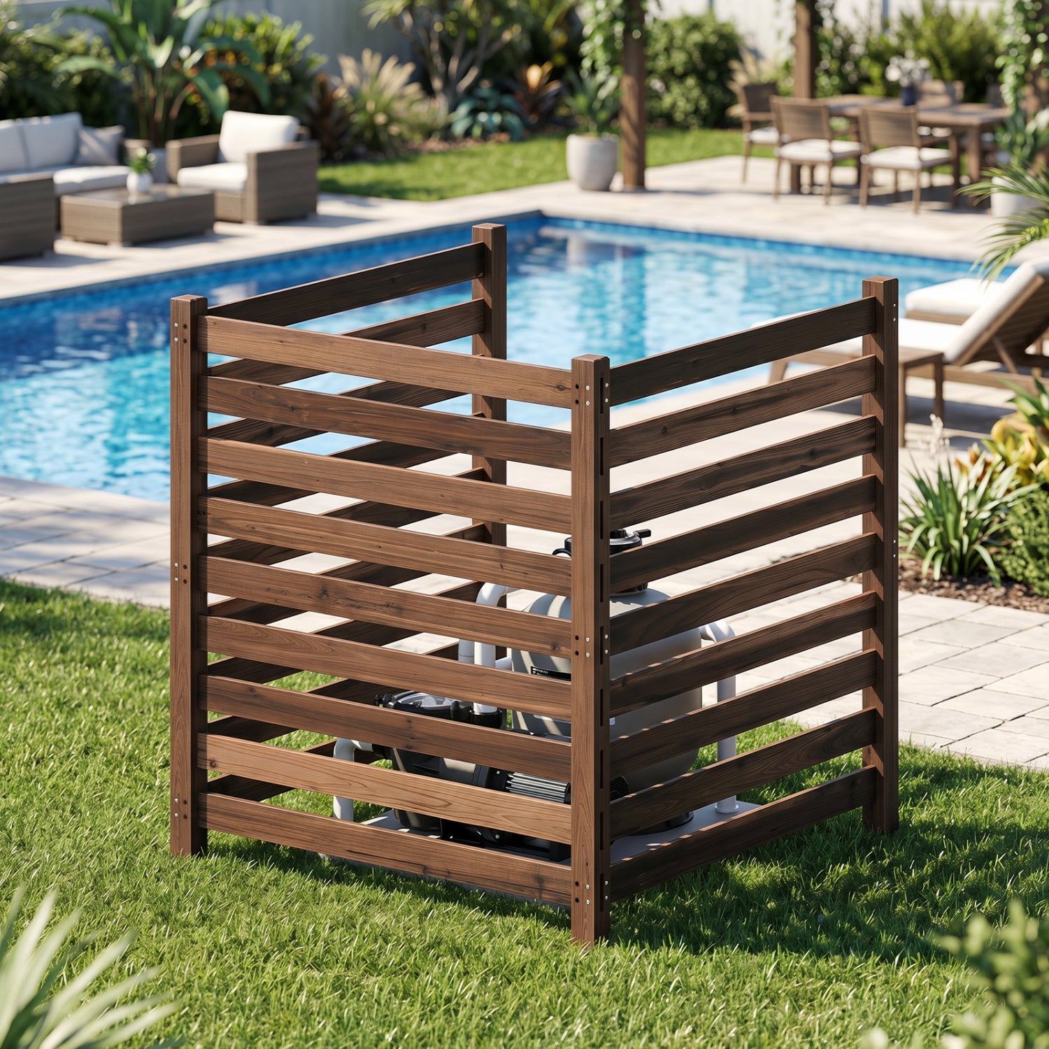 3-Panel wooden privacy fence with ground stakes in brown from DirectDeals beside a pool on Tampa Home & Garden Store