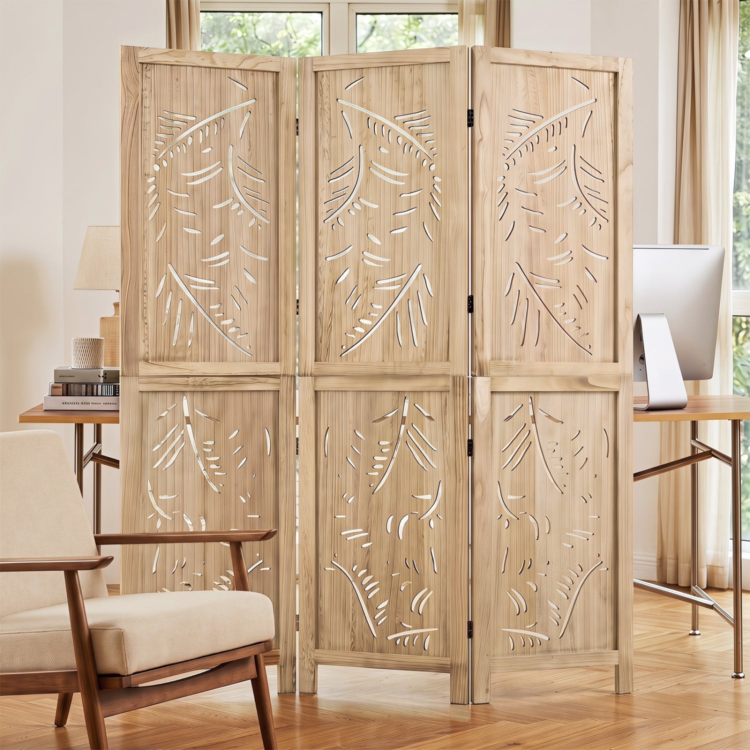 3-panel palm leaf room divider in natural wood finish, 67" tall by DirectDeals on Tampa Home & Garden Store