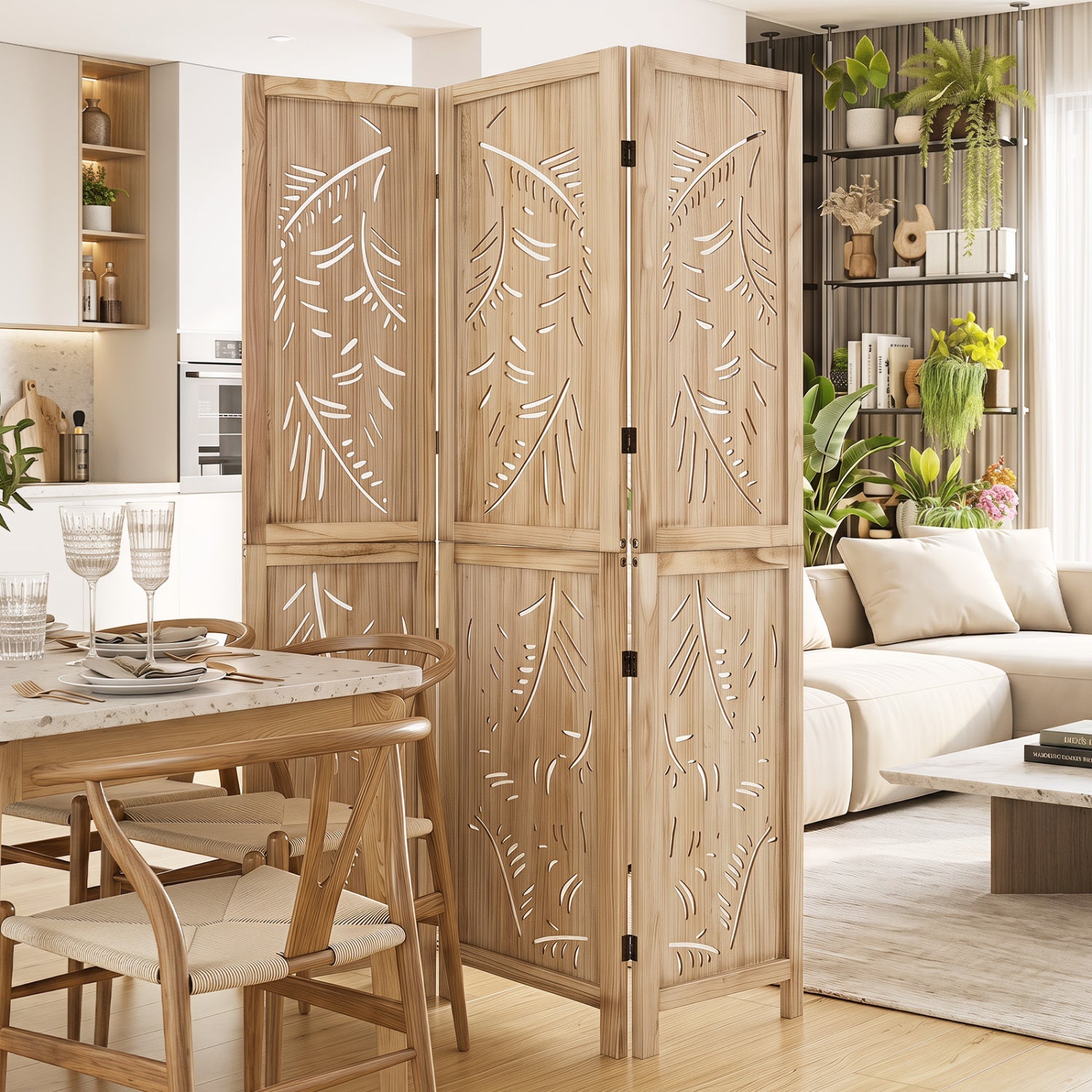 3-panel room divider by DirectDeals in natural wood with palm leaf cutouts, 67 inches tall on Tampa Home & Garden Store