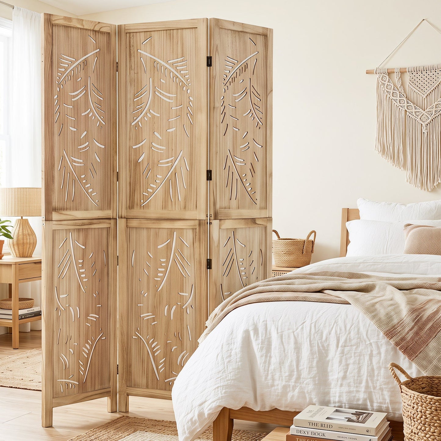 3-Panel room divider with palm leaf cutouts in a light wood finish, 67 inches tall, DirectDeals on Tampa Home & Garden Store