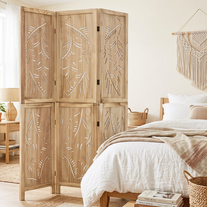 3-Panel room divider with palm leaf cutouts in a light wood finish, 67 inches tall, DirectDeals on Tampa Home & Garden Store