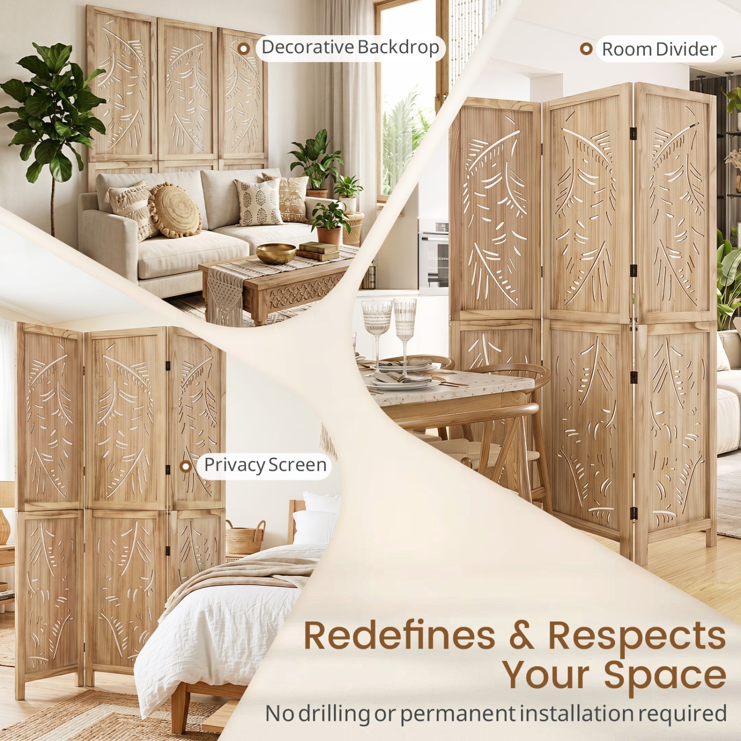 3-Panel Room Divider with Palm Leaf Design in natural wood by DirectDeals, 67in tall on Tampa Home & Garden Store