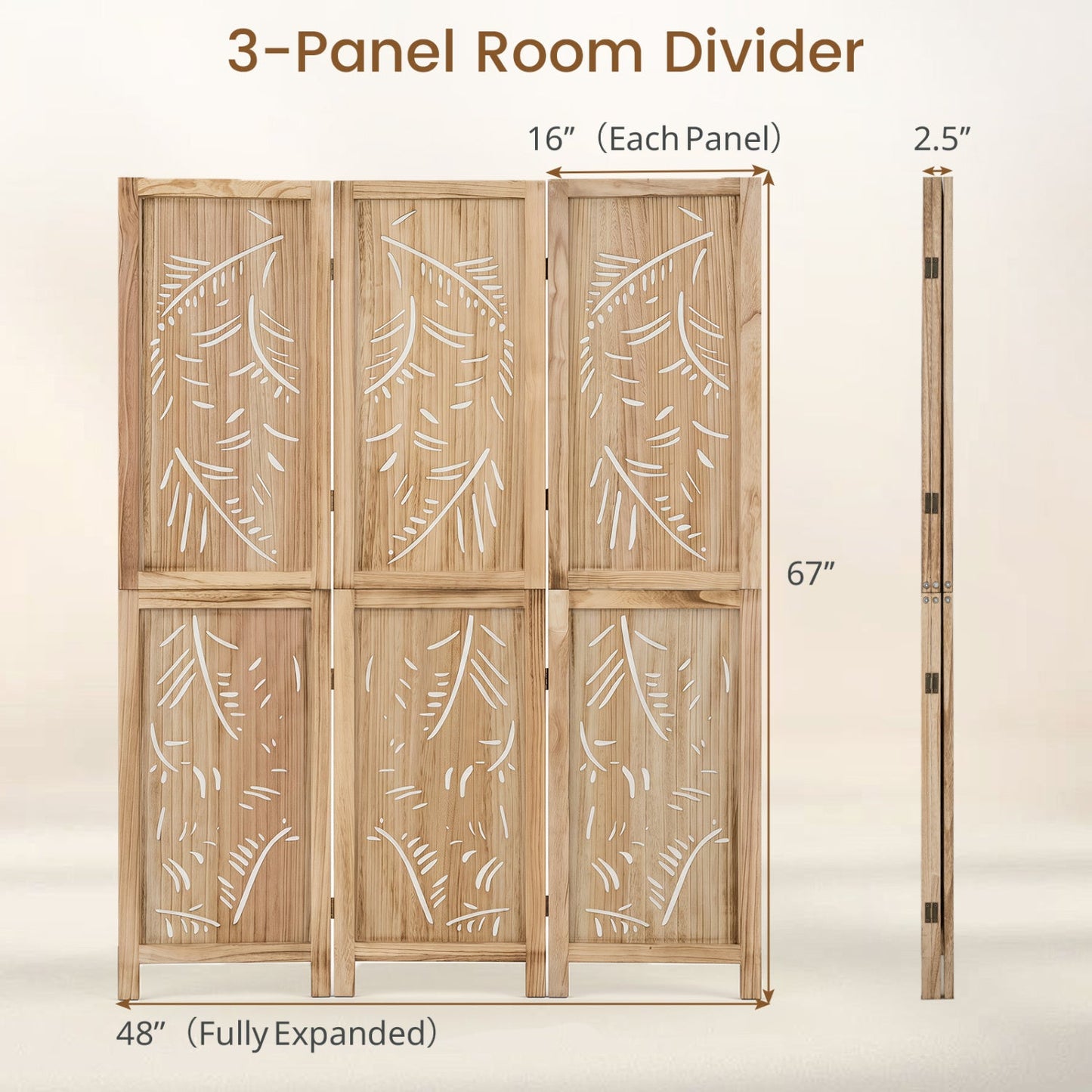 3-Panel Room Divider with Palm Leaf Design by DirectDeals, light oak wood, 67in tall on Tampa Home & Garden Store