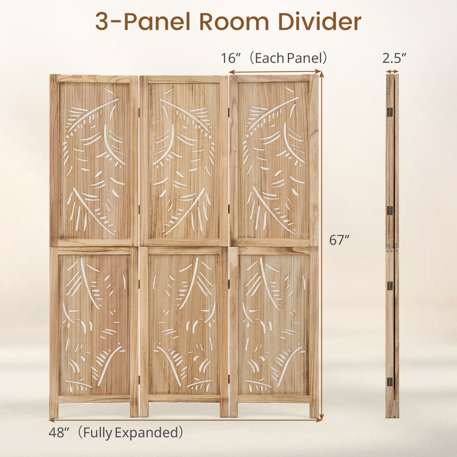 3-Panel Room Divider with Palm Leaf Design by DirectDeals, light oak wood, 67in tall on Tampa Home & Garden Store
