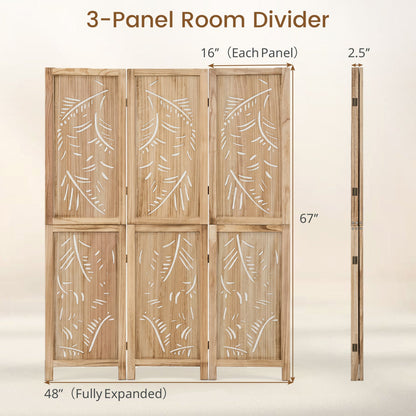 3-Panel Room Divider with Palm Leaf Design by DirectDeals, light oak wood, 67in tall on Tampa Home & Garden Store
