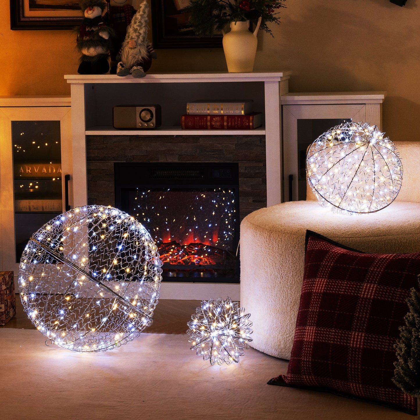 3-pack large metal sphere LED Christmas lights, 435 LEDs, silver wireframe for standing or hanging decor on Tampa Home & Garden Store