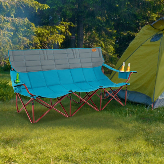 3 Person Folding Camping Chair with 2 Cup Holders Cotton Padding & Storage Bag-Blue