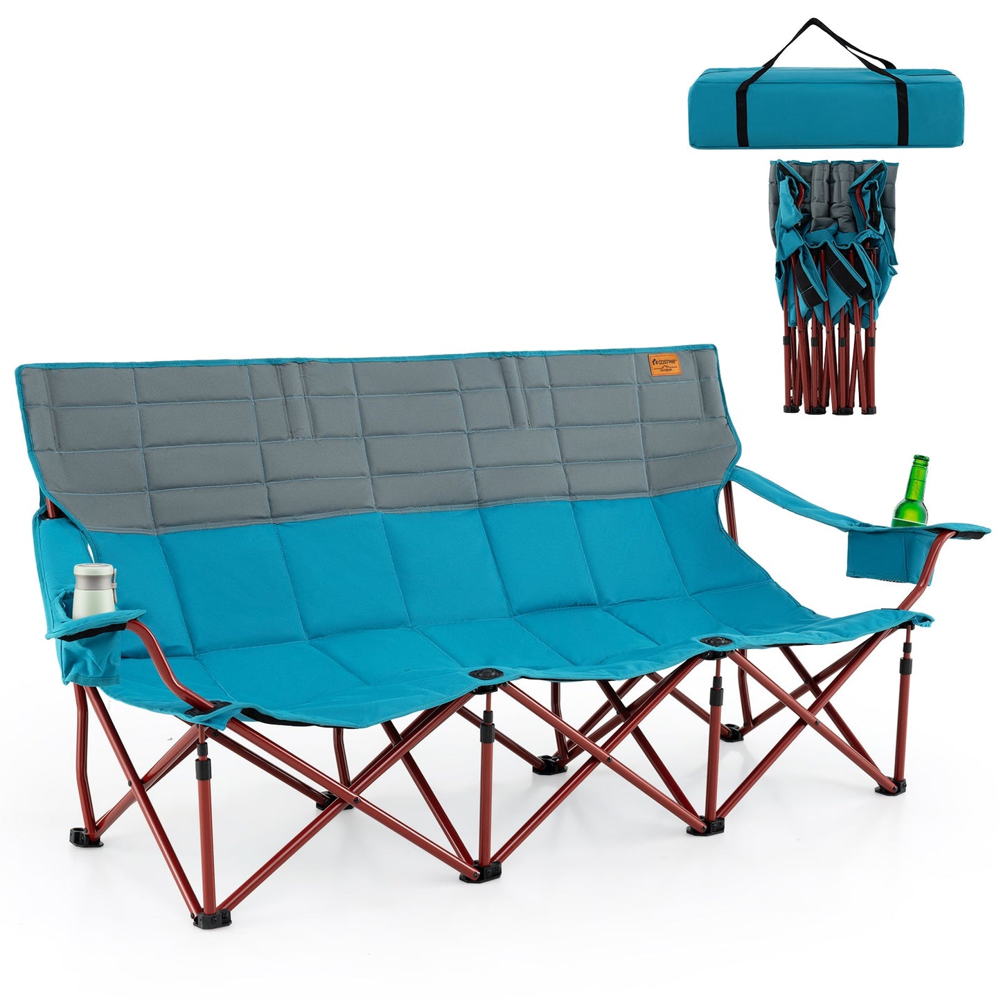 3 Person Folding Camping Chair with 2 Cup Holders Cotton Padding & Storage Bag-Green