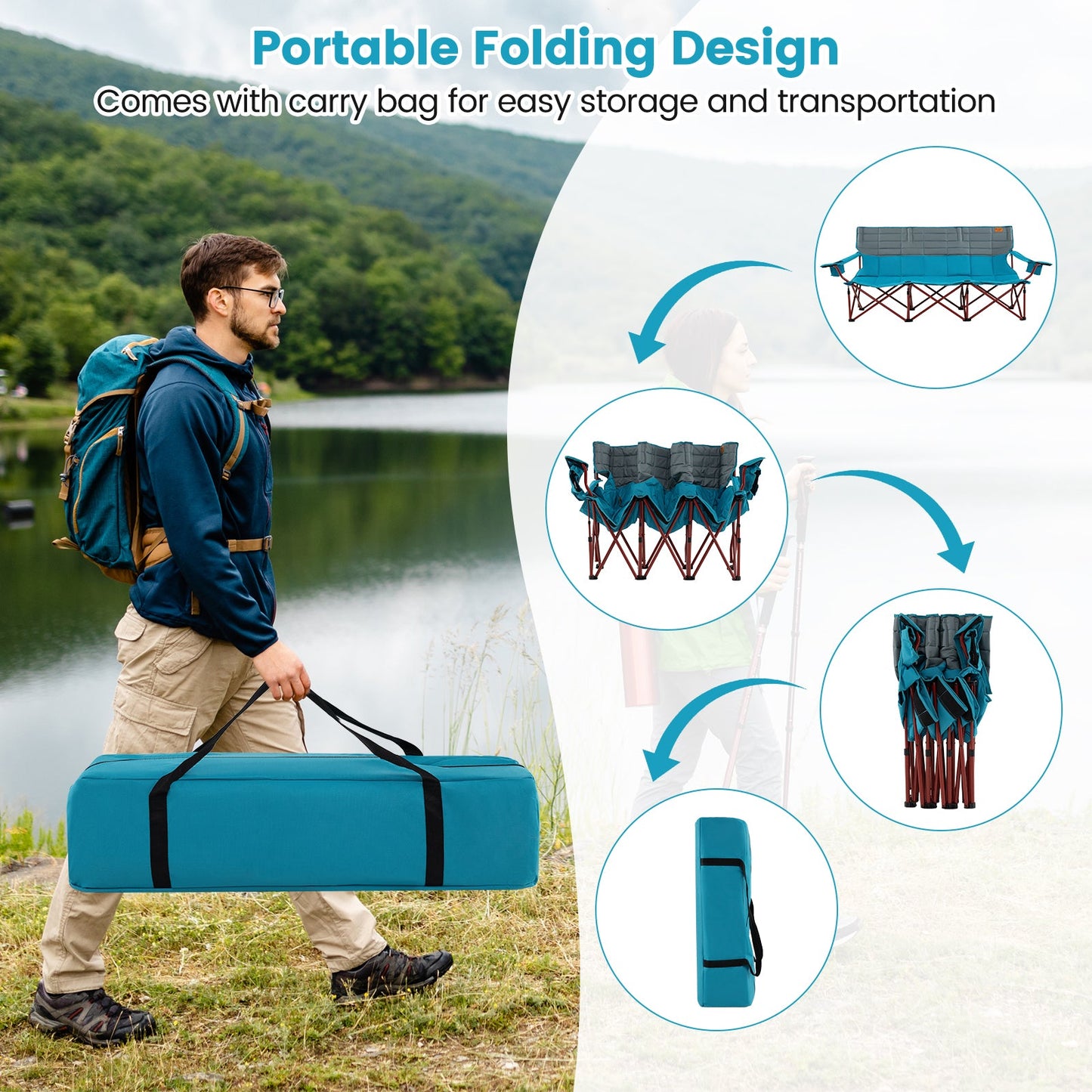 3 Person Folding Camping Chair with 2 Cup Holders Cotton Padding & Storage Bag-Blue