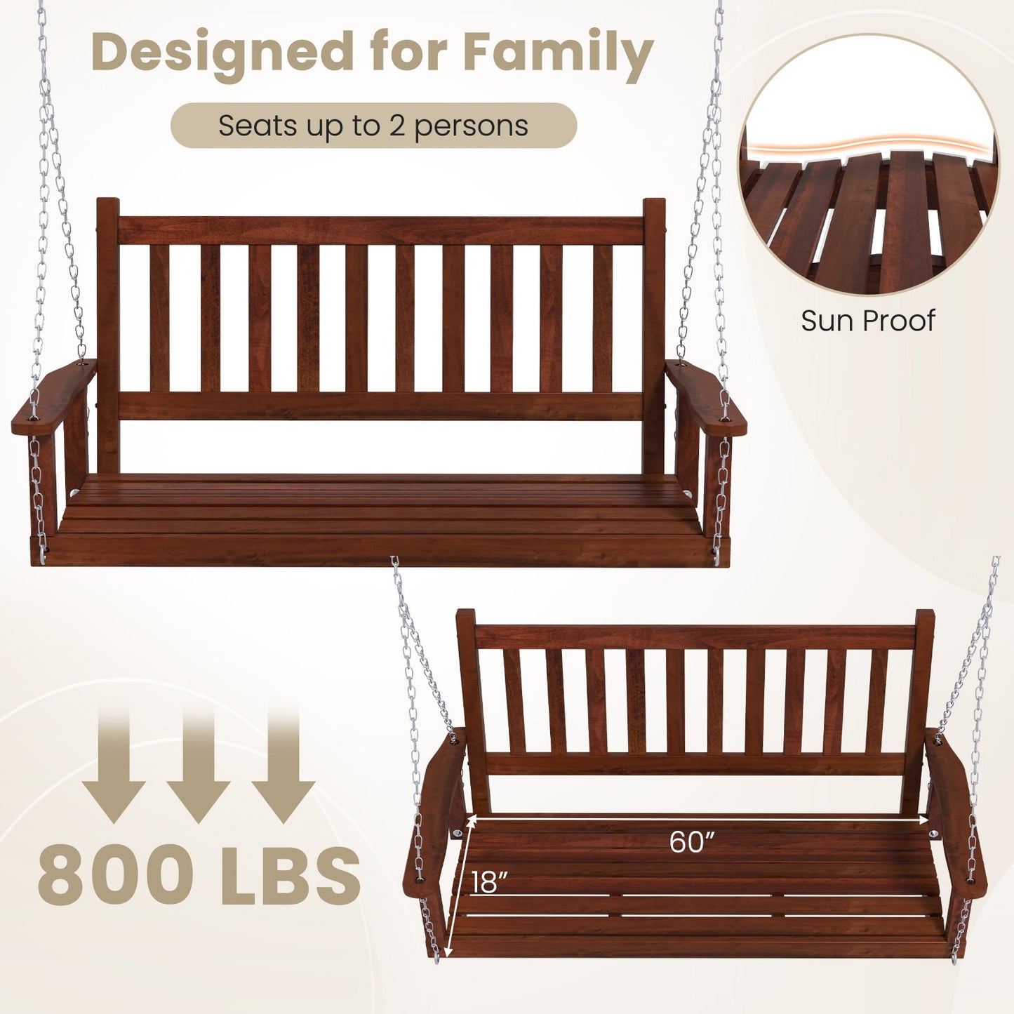 3-Person Wooden Outdoor Porch Swing with 800 lbs Weight Capacity