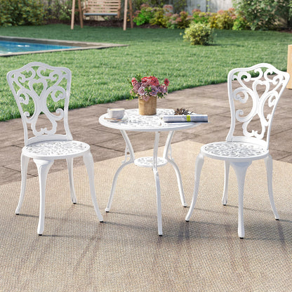 Juego de bistró de 3 piezas de aluminio fundido para todo tipo de clima con sillas y mesa con orificios para sombrillas-Blanco