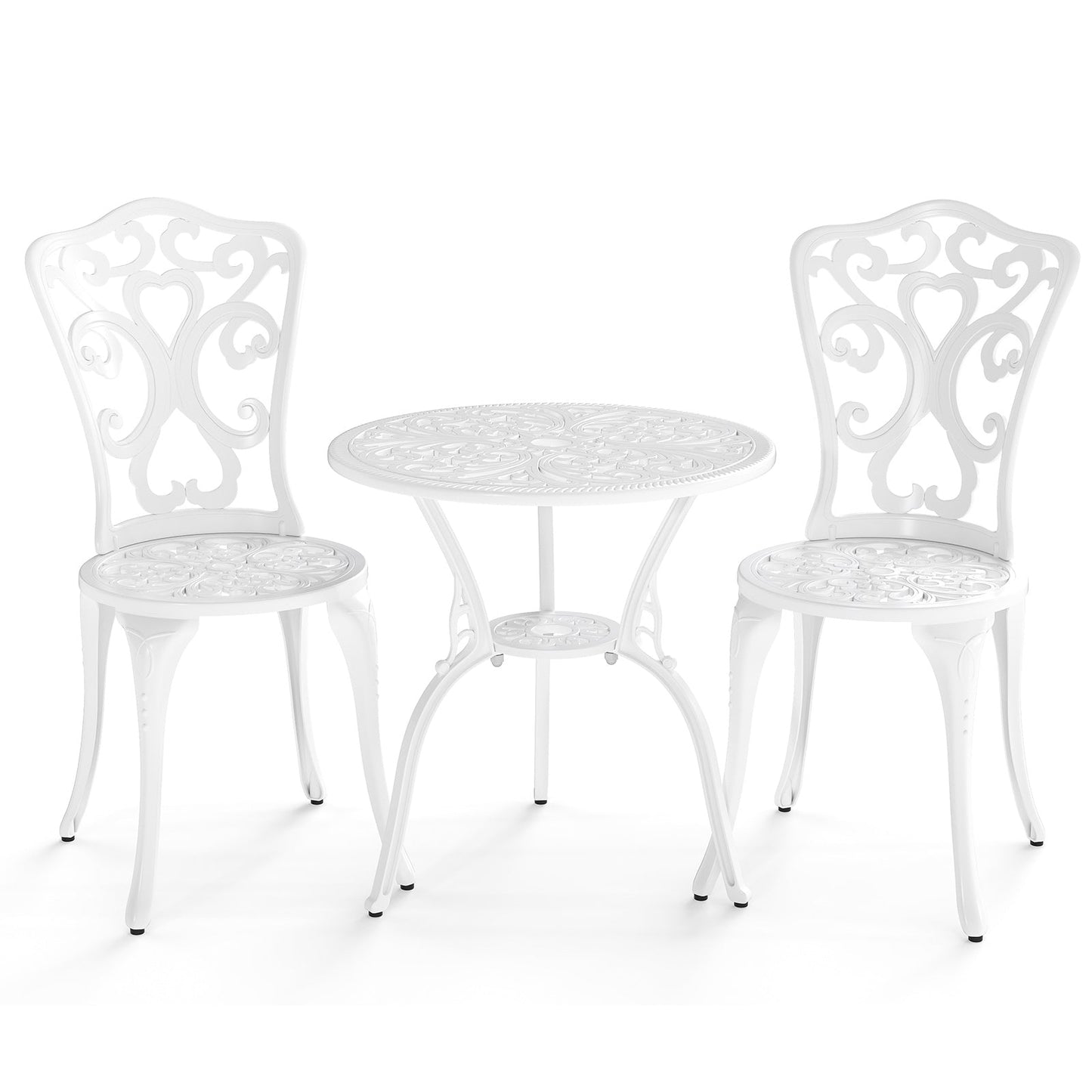 Juego de bistró de 3 piezas de aluminio fundido para todo tipo de clima con sillas y mesa con orificios para sombrillas-Blanco