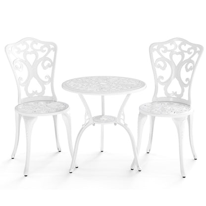 Juego de bistró de 3 piezas de aluminio fundido para todo tipo de clima con sillas y mesa con orificios para sombrillas-Blanco