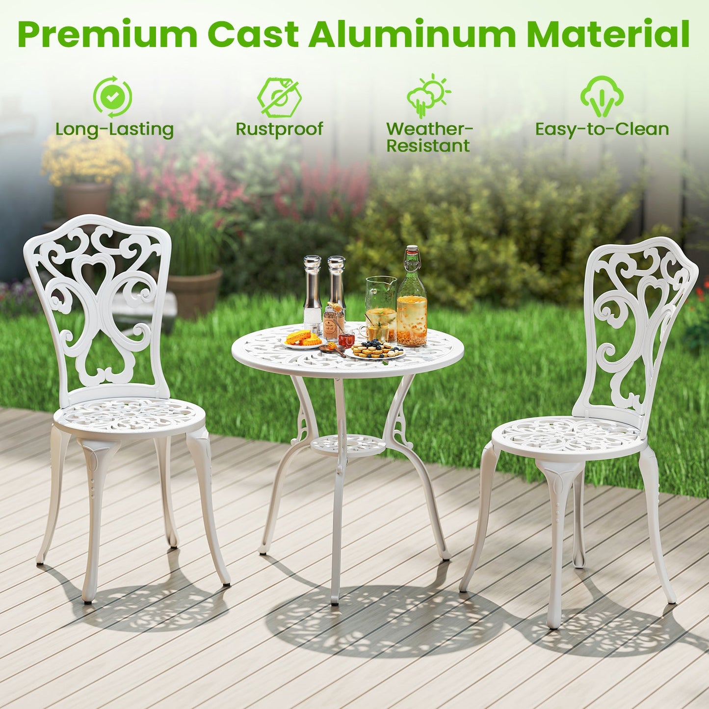 Juego de bistró de 3 piezas de aluminio fundido para todo tipo de clima con sillas y mesa con orificios para sombrillas-Blanco