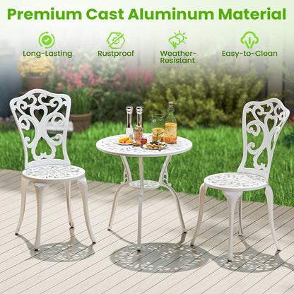 Juego de bistró de 3 piezas de aluminio fundido para todo tipo de clima con sillas y mesa con orificios para sombrillas-Blanco