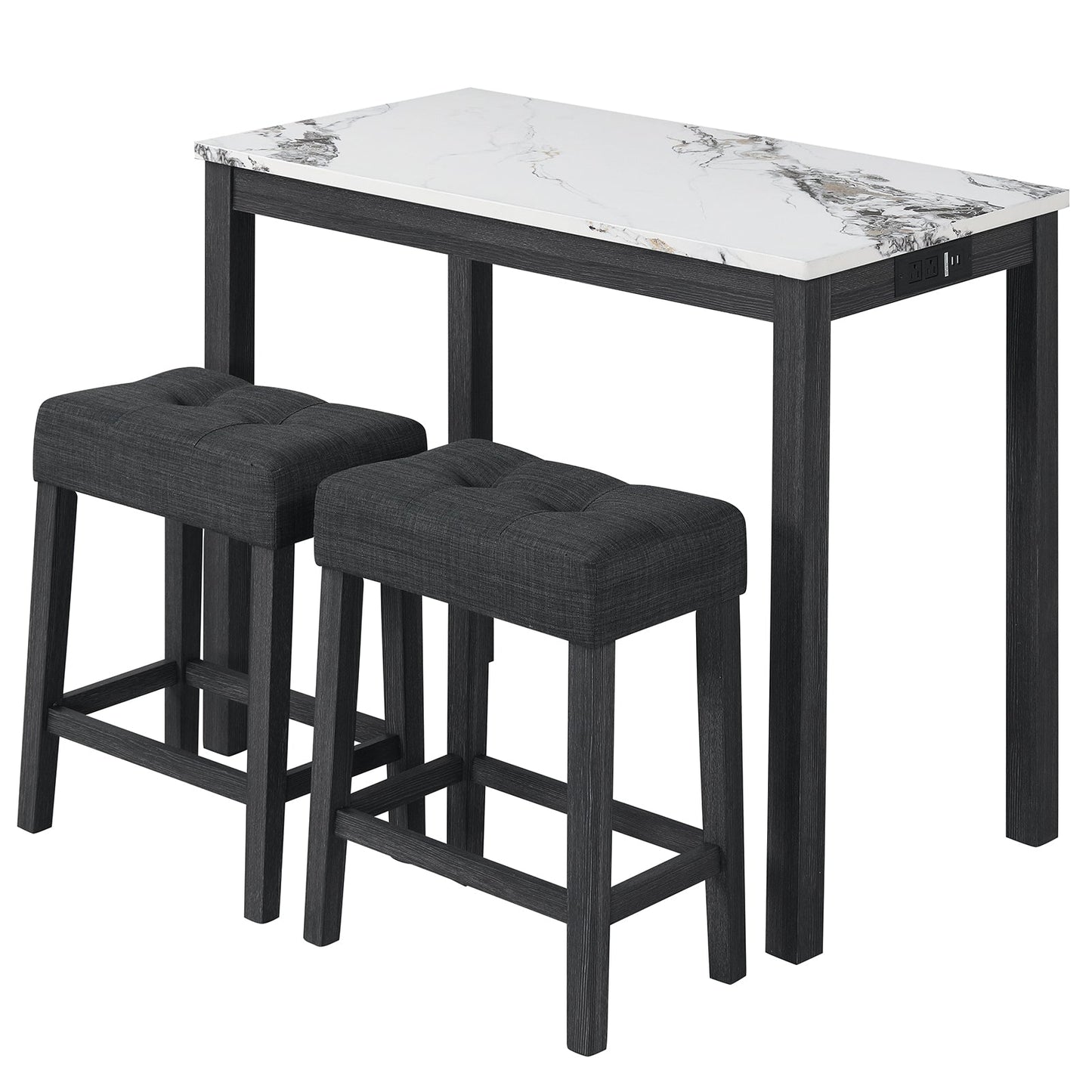 3-Piece Bar Table Set with Charging Station and Faux Marble Top
