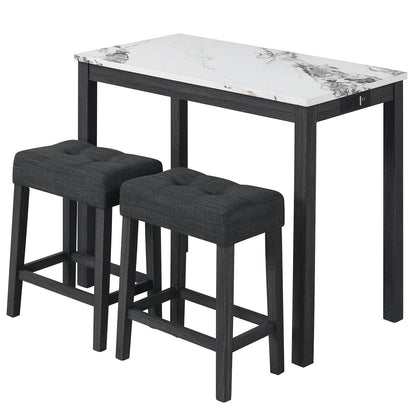 3-Piece Bar Table Set with Charging Station and Faux Marble Top