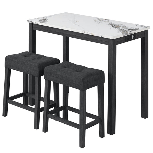 3-Piece Bar Table Set with Charging Station and Faux Marble Top