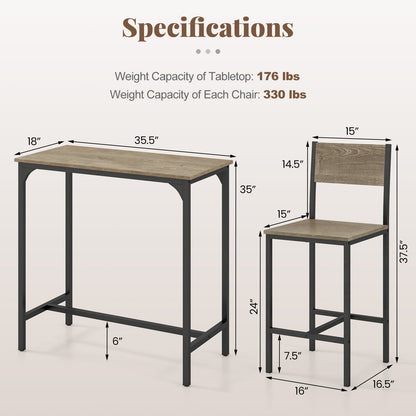 3 Piece Bar Table Set with Backrest and Footrest for Small Space