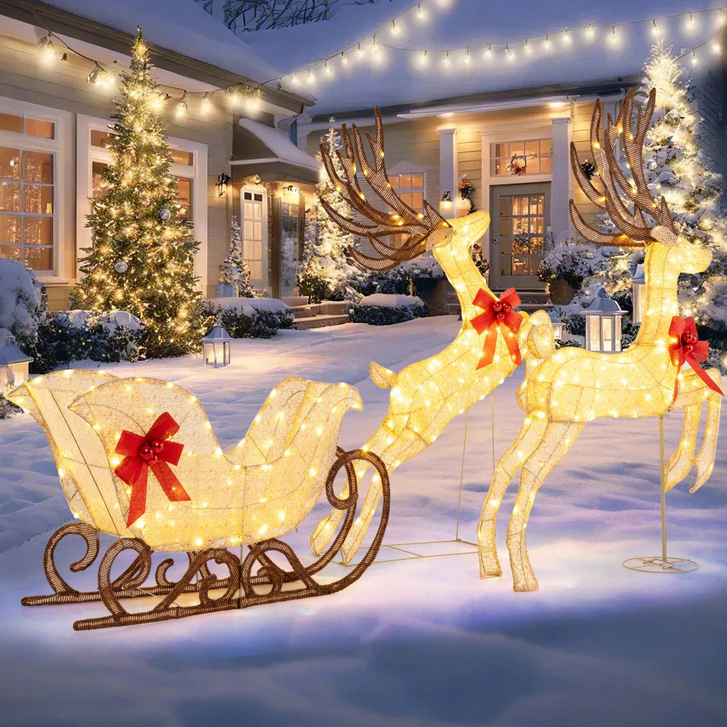 3-piece lighted reindeer and sleigh lawn set in warm white LED lights by DirectDeals on Tampa Home & Garden Store