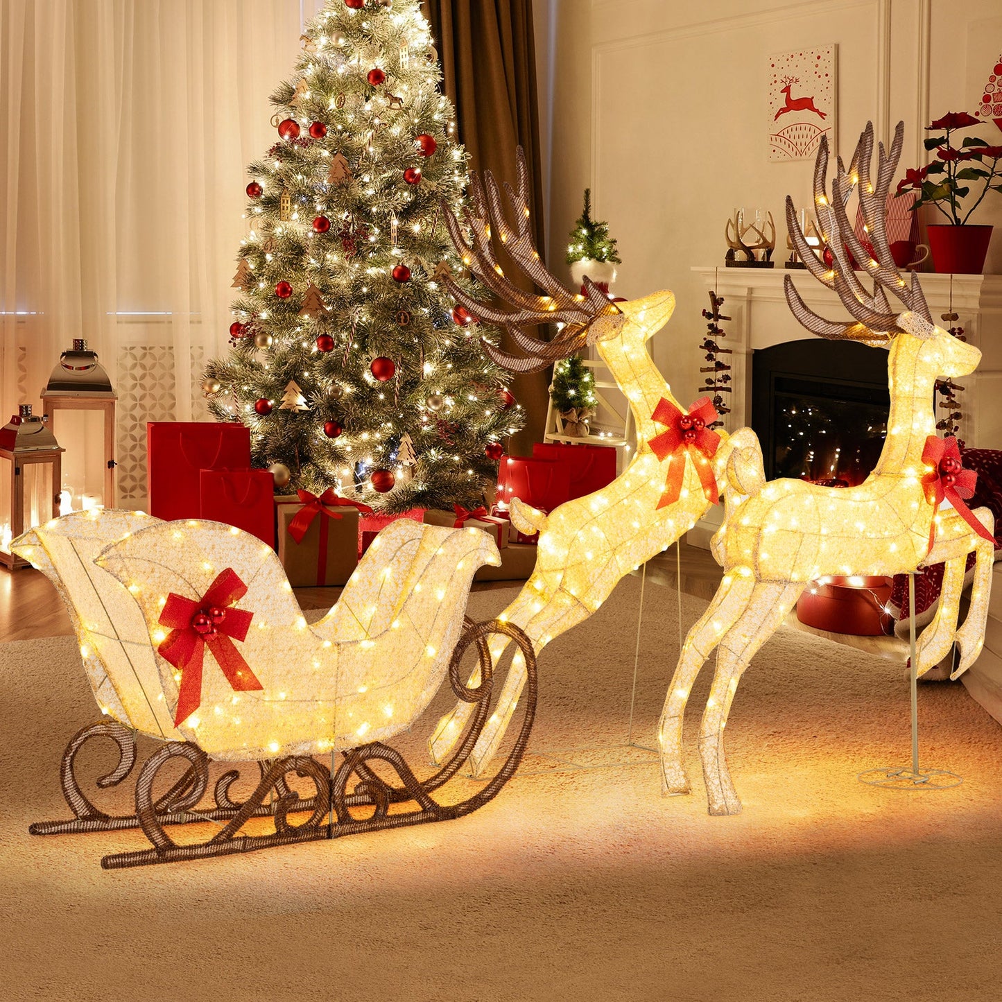 DirectDeals 3-piece Christmas lighted reindeer and sleigh lawn set, illuminated white-wireframe on Tampa Home & Garden Store