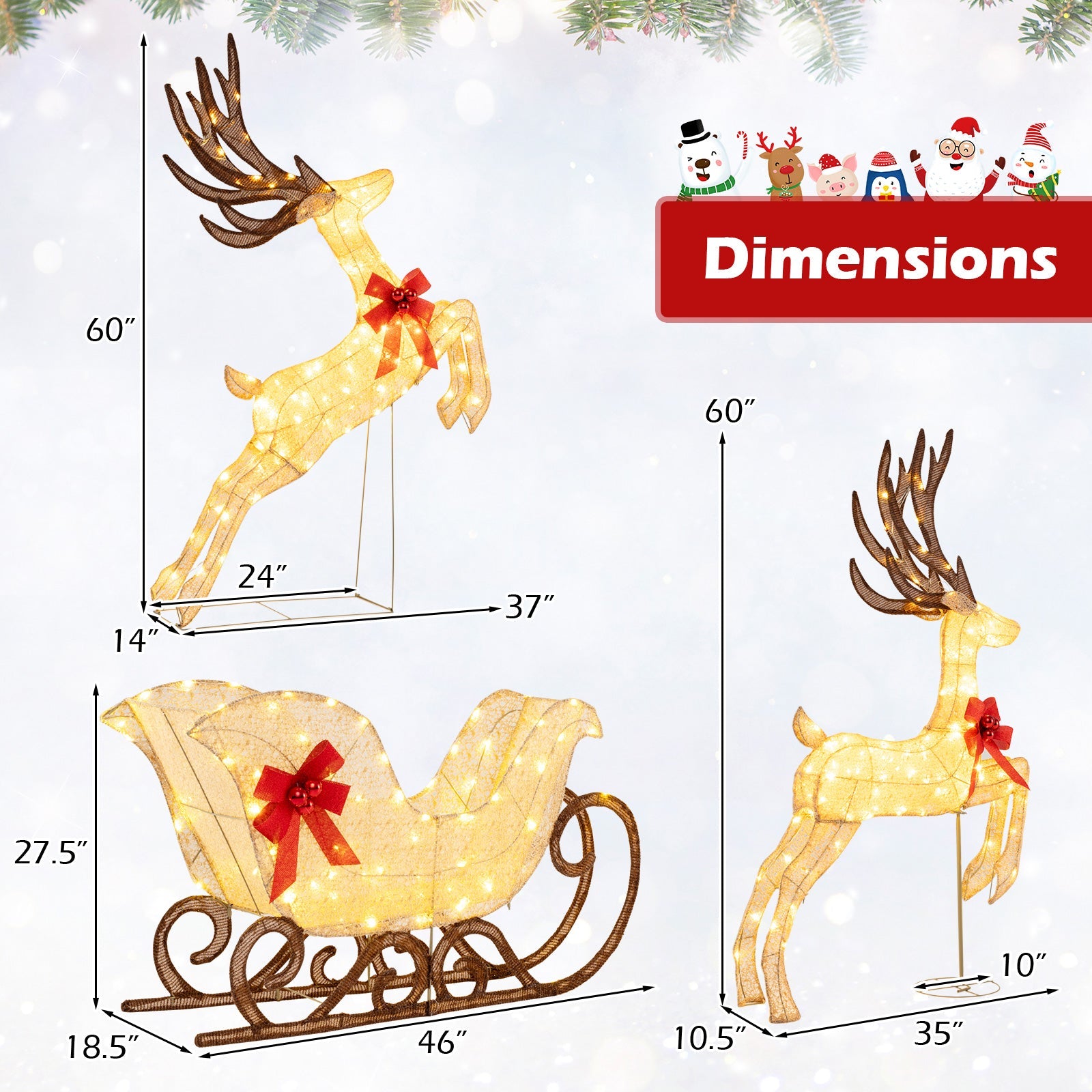 3-piece lighted reindeer and sleigh lawn ornament set in golden glow with red bows DirectDeals on Tampa Home & Garden Store