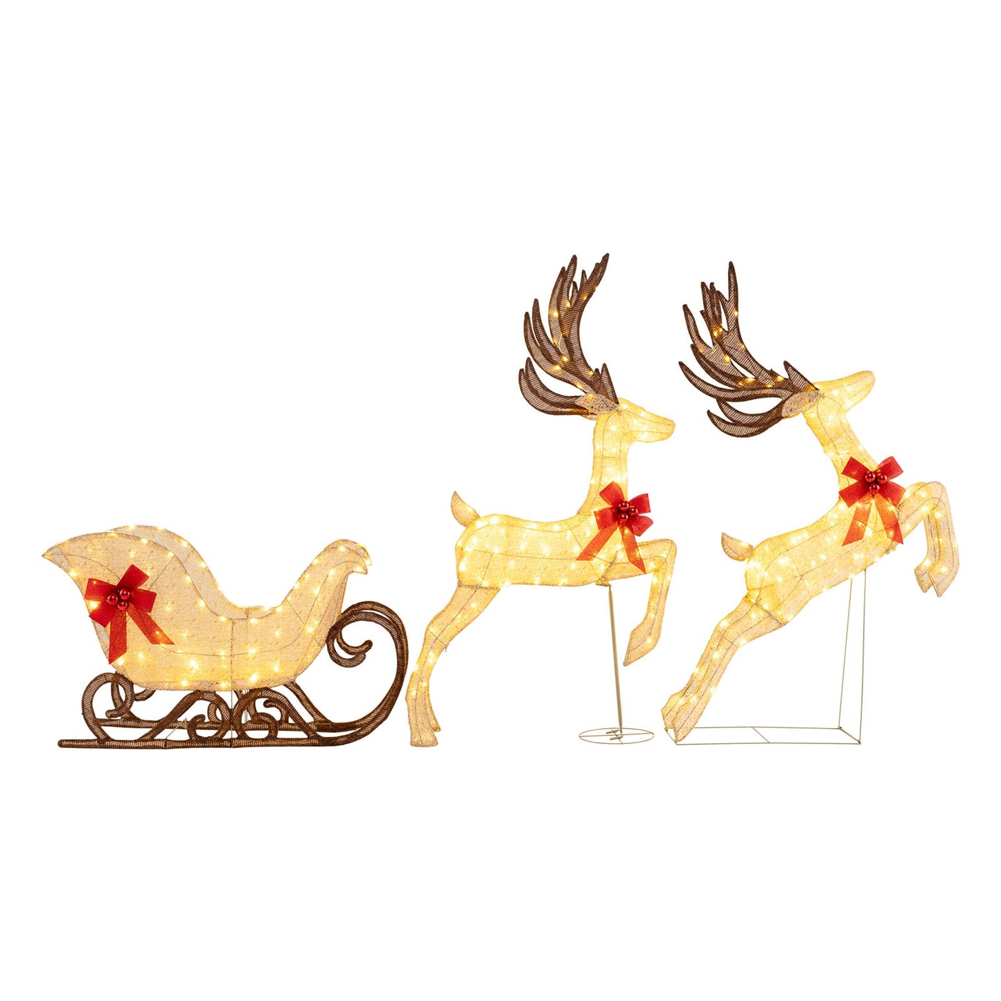 3-piece lighted reindeer and sleigh set by DirectDeals with golden LEDs and red bows on Tampa Home & Garden Store
