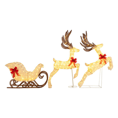 3-piece lighted reindeer and sleigh set by DirectDeals with golden LEDs and red bows on Tampa Home & Garden Store