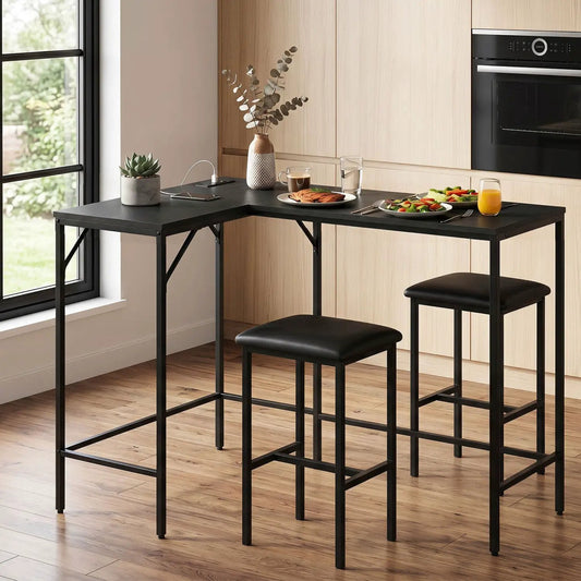 3-Piece Convertible Dining Set with Built-In Charging Station, black metal frame, stools on Tampa Home & Garden Store
