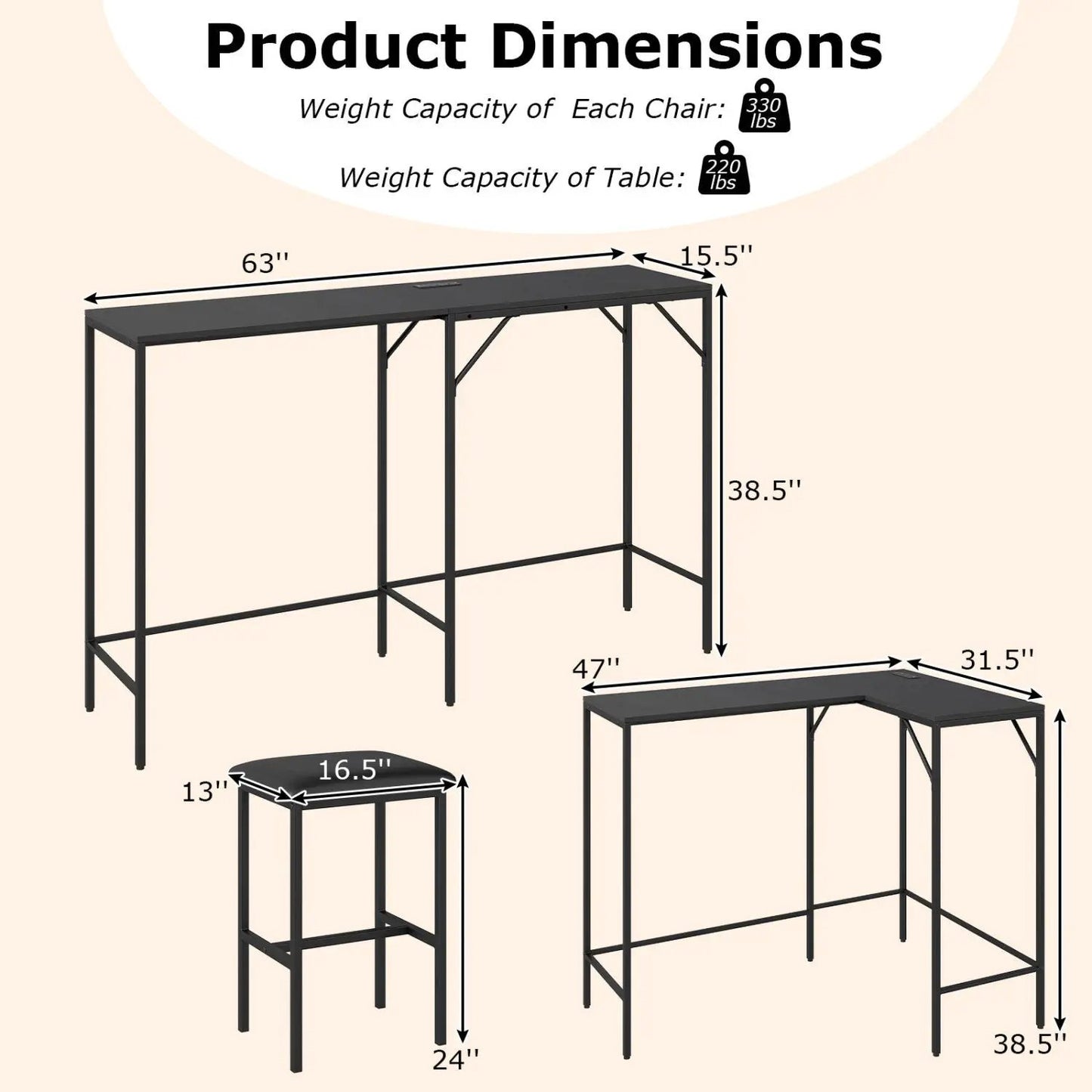 3-Piece Convertible Dining Set with Built-In Charging Station