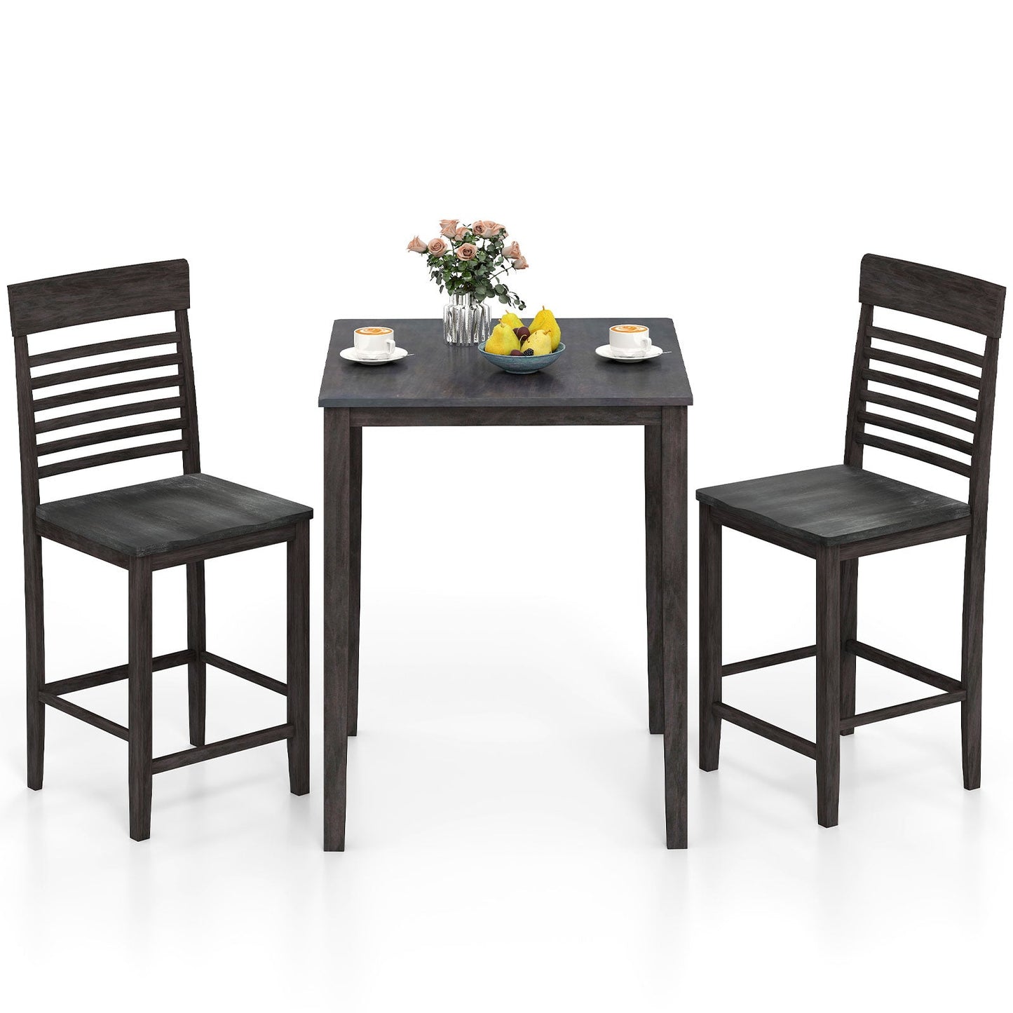 3-Piece Counter-Height Dining Table Set for 2 with Rubber Wood Frame and Footrest