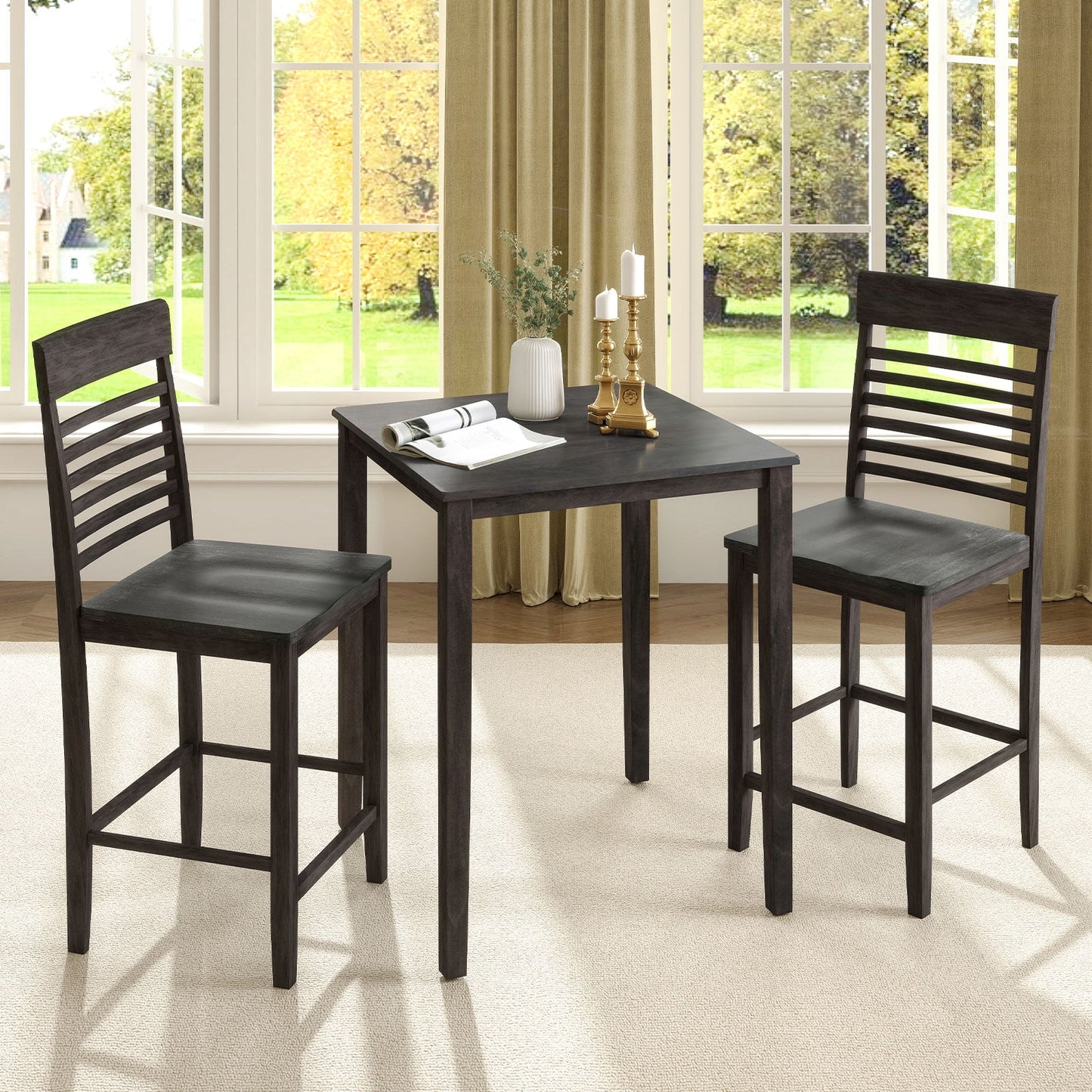 3-Piece Counter-Height Dining Table Set for 2 with Rubber Wood Frame and Footrest