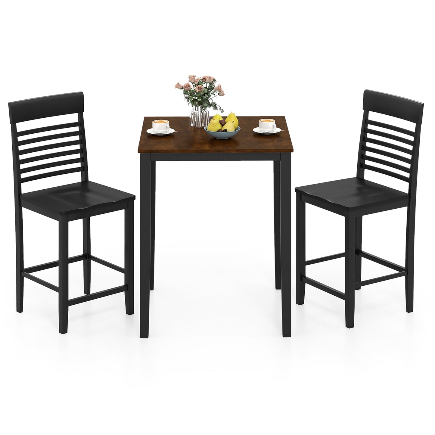 3-Piece Counter-Height Dining Table Set for 2 with Rubber Wood Frame and Footrest
