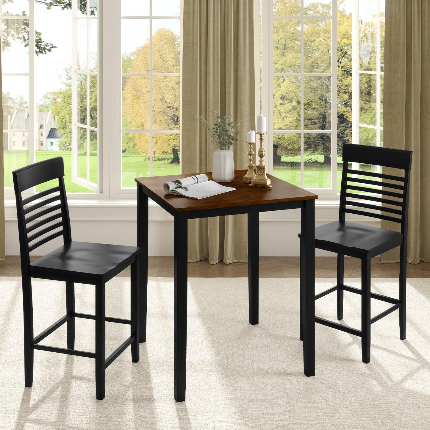 3-Piece Counter-Height Dining Table Set for 2 with Rubber Wood Frame and Footrest