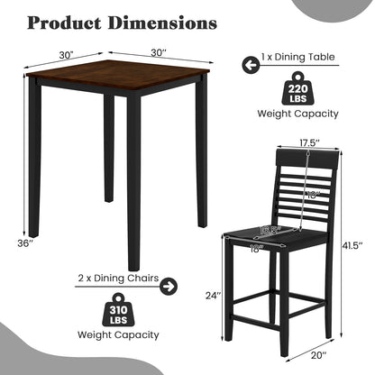 3-Piece Counter-Height Dining Table Set for 2 with Rubber Wood Frame and Footrest