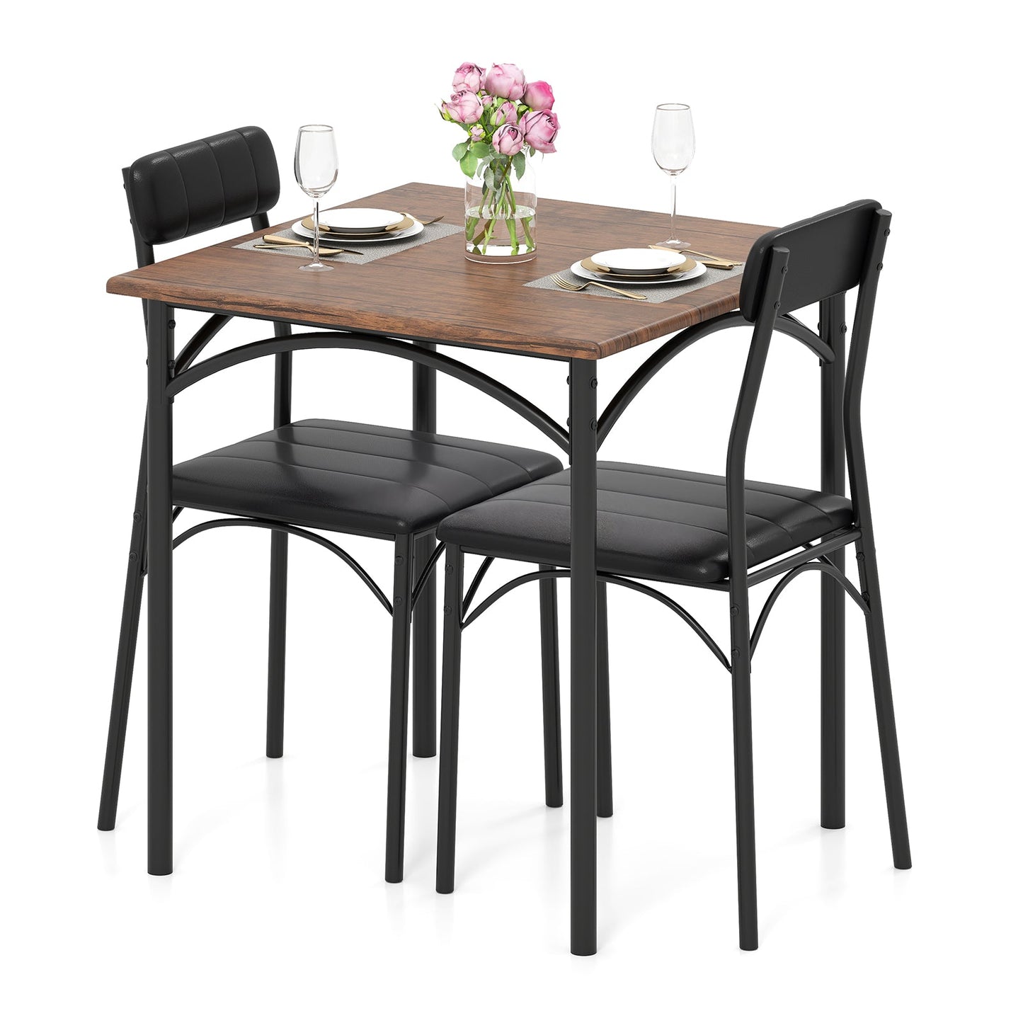 3-Piece Dining Table Set Square Kitchen Table and 2 Chairs for Dining Room-Rustic Brown
