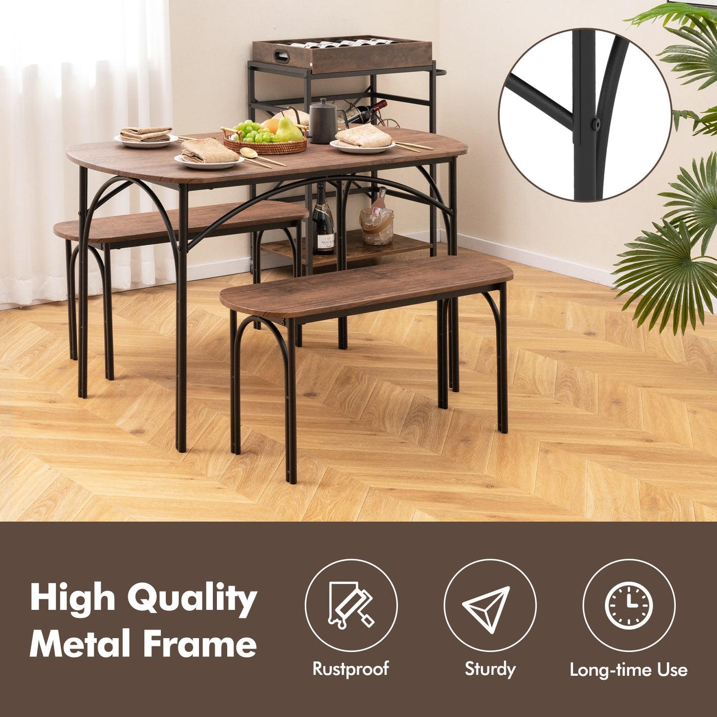 Juego de comedor de 3 piezas para 4 personas con estructura de metal-Marrón